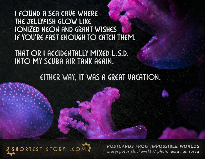 a short story about discovering a cave where the jellyfish grant wishes and glow like neon